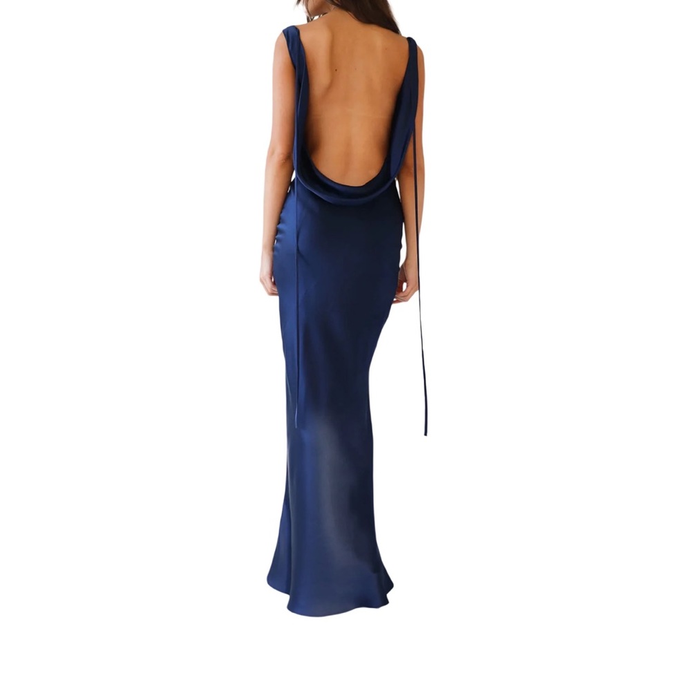 Satin Navy Backless Formal Dress